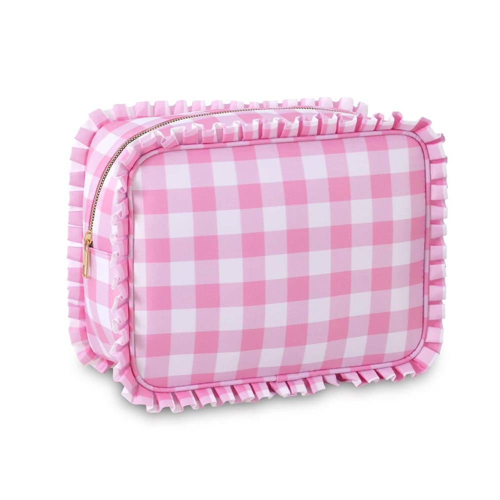 Embrunioice sac maquillage gingham avec volants rose, pratique pour voyager et organiser le maquillage