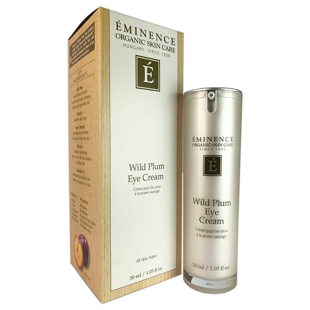 Crème contour des yeux Eminence Wild Plum sur le flacon, regard lumineux et peau nourrie.