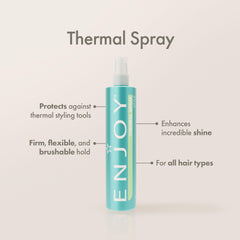 Enjoy Thermal Spray offre une protection anti-frisottis pour des cheveux lisses.