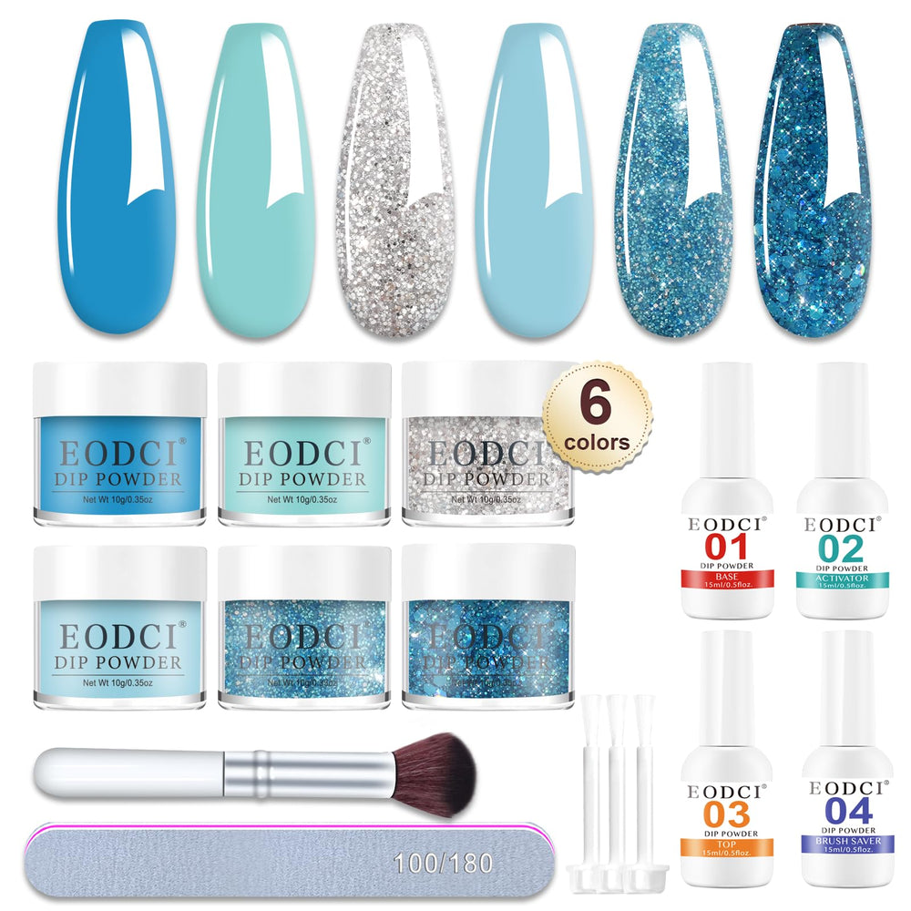 Kit Dip Eodci montrant l’ensemble de 12 pièces pour démarrer une manucure à domicile.