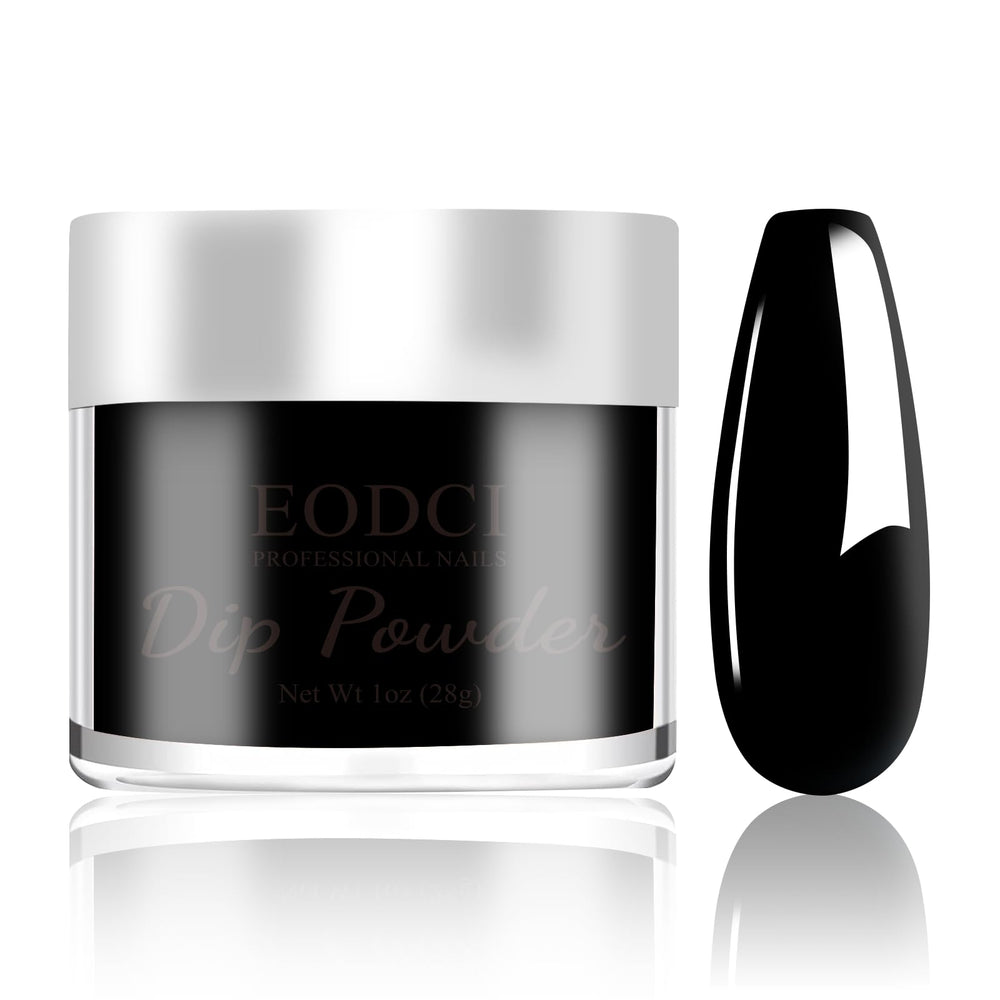 Poudre dip noire EODCI en flacon 1 oz, finition élégante et durable.