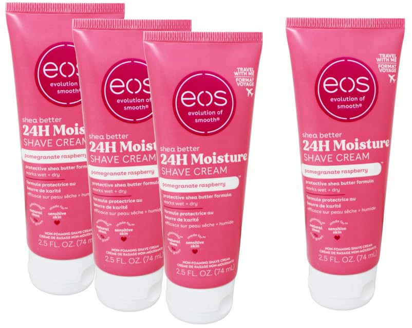 EOS crème de rasage Pomme-Grenade et Framboise, flacon élégant pour hydratation durable.
