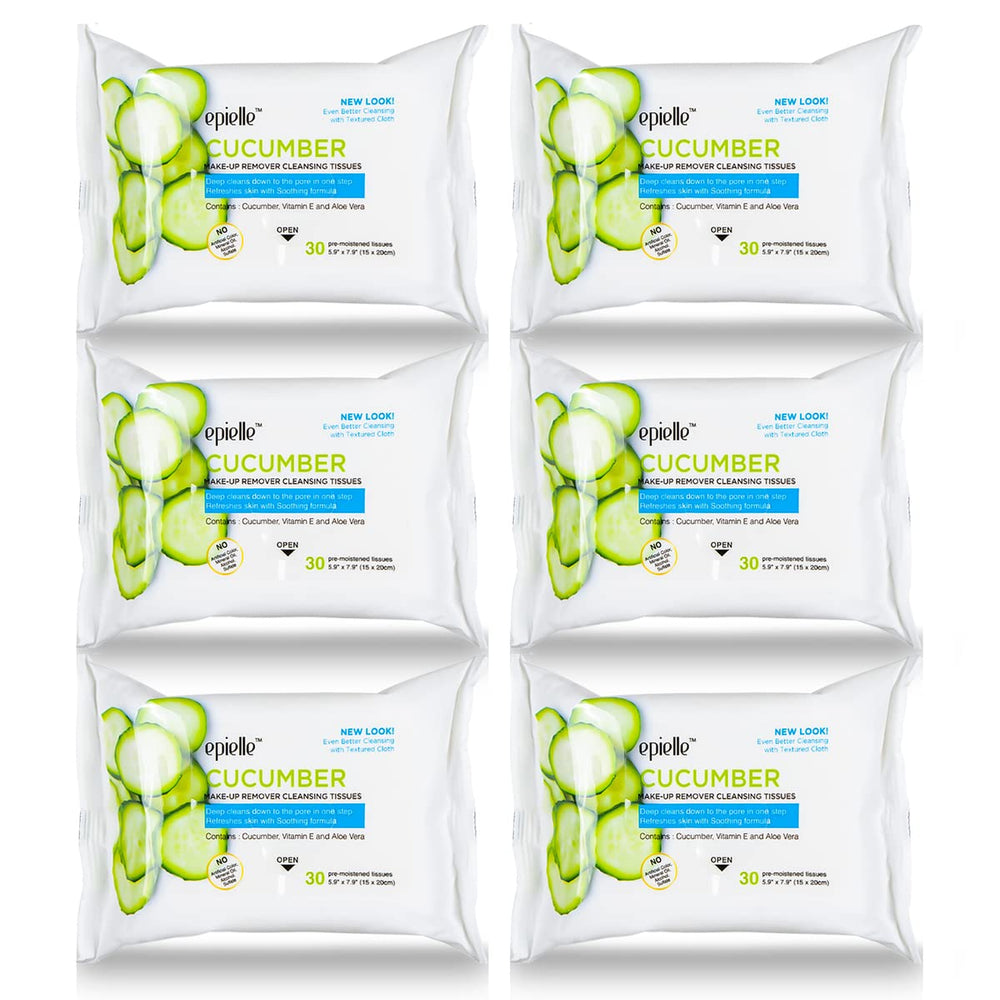 Lingettes démaquillantes Epielle au concombre, paquet de 30 dans le pack6, démaquillage efficace