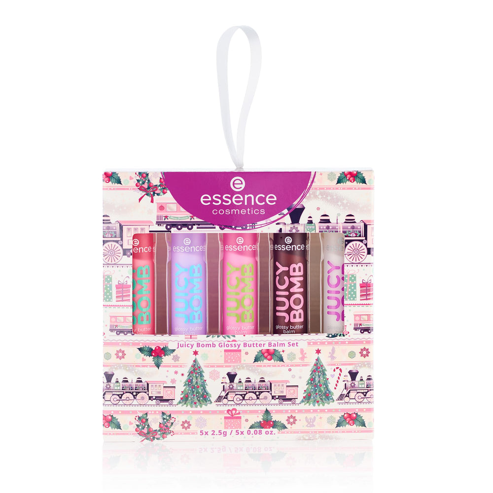 Coffret essence Juicy Butter Balm avec packaging hivernal élégant prêt à offrir.