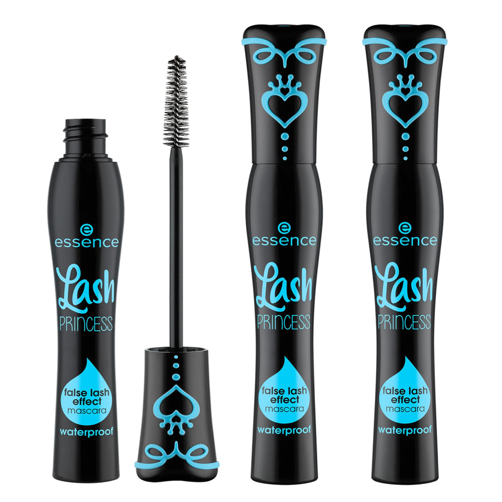 essence Lash Princess Waterproof Mascara 3-pack with conic fiber brush for dramatic volume.