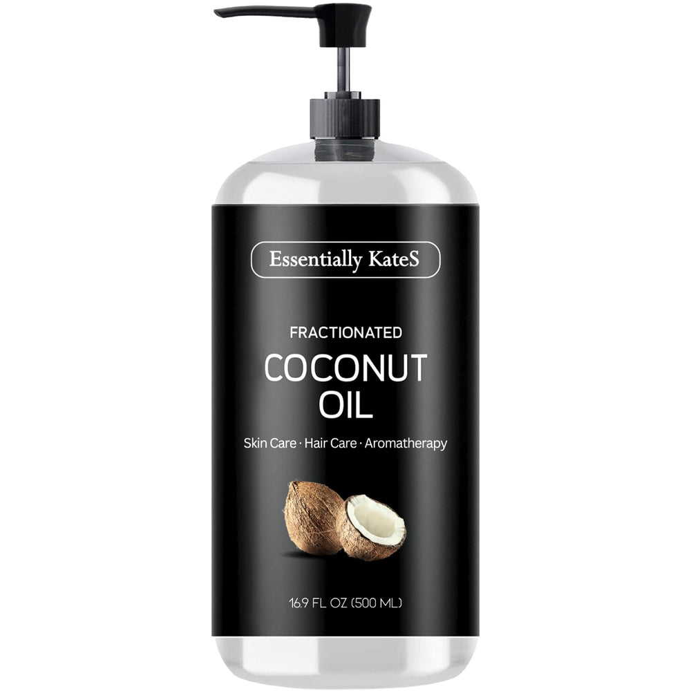 Essentially KateS huile de coco fractionnée – bouteille 500 ml prête pour peau et cheveux, usage polyvalent.
