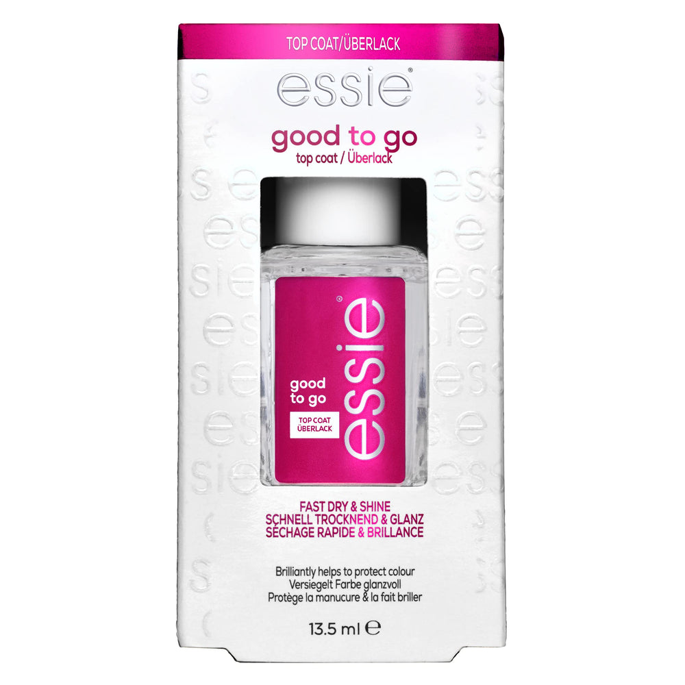 essie good-to-go top coat – bouteille et pinceau, application nette.