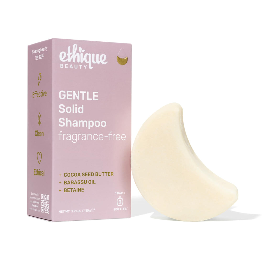 Ethique Gentle Unscented Shampoo Bar packaging highlights plastic-free design for sustainable care
