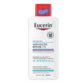 Eucerin Advanced Repair Scented Night Lotion bottle on bathroom shelf for overnight hydration.