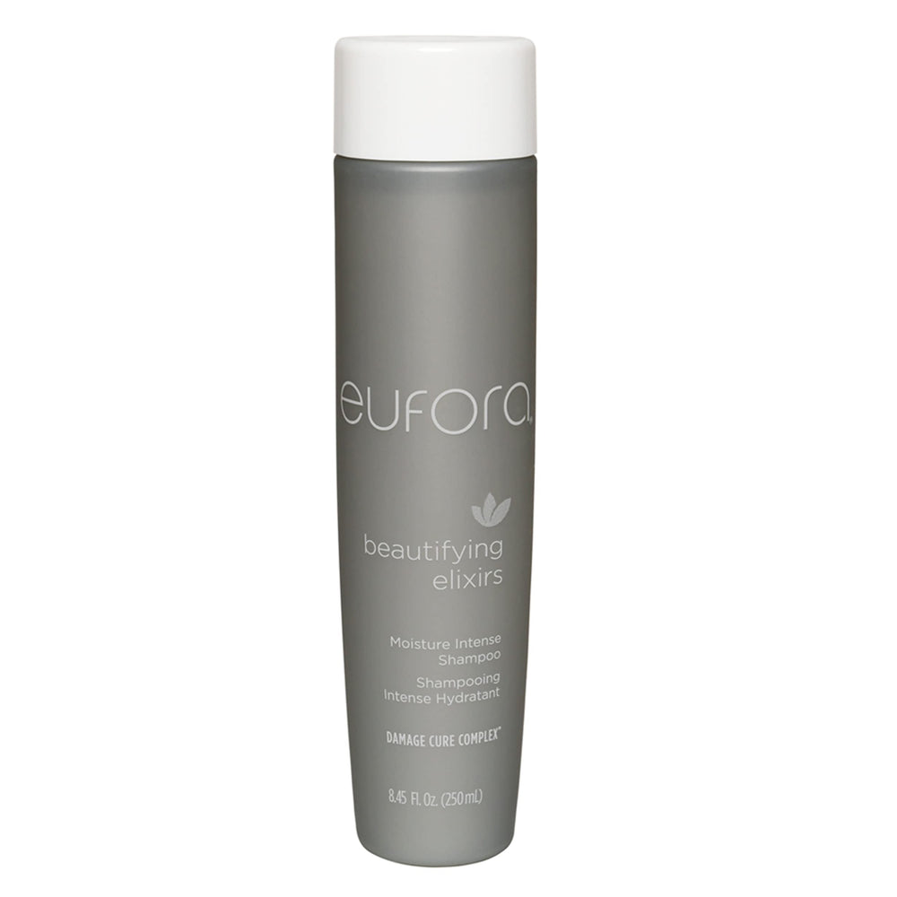 Flacon du Shampoing hydratant Eufora Elixirs, pour cheveux plus doux et soyeux.