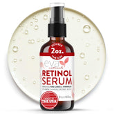 Sérum Eva Naturals en bouteille avec pompe, texture peau plus lisse et lumineuse