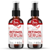Sérum Eva Naturals visuel bouteille, peau lumineuse après application.