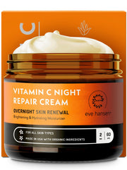 Crème Nuit Vitamine C Eve Hansen sur visage et cou, hydratation ciblée.