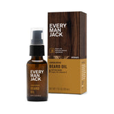 Huile barbe Every Man Jack santal, bouteille visible pour douceur et santé.