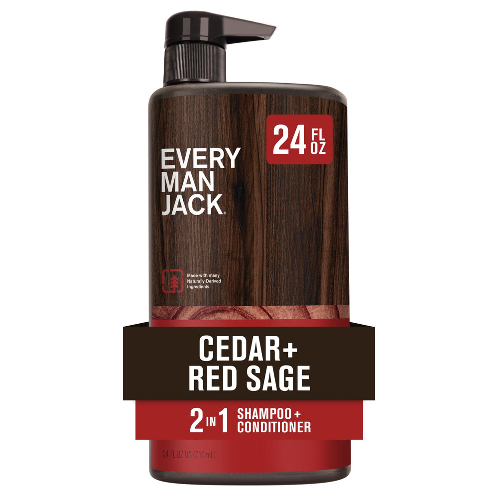 Bouteille Every Man Jack 2-en-1, soin quotidien des cheveux, arôme cèdre et sauge.