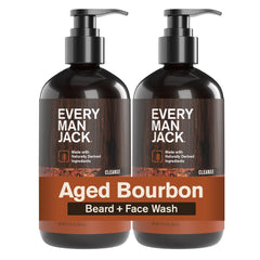 Every Man Jack nettoie barbe et visage avec mousse légère et parfum bourbon subtil.