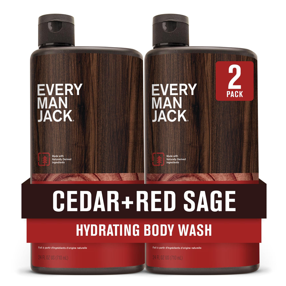 Every Man Jack – bouteille-douche cèdre-sauge rouge, hydratation légère et parfum boisé.