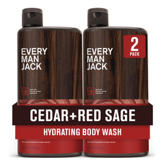 Every Man Jack – bouteille-douche cèdre-sauge rouge, hydratation légère et parfum boisé.