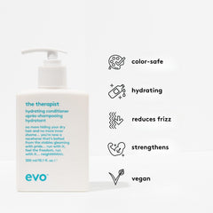 EVO Le Thérapeute Hydratant, image mettant en avant démêlage efficace et brillance.