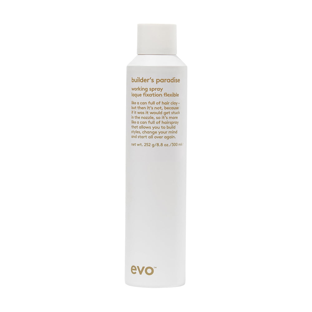 EVO Builder's Paradise Fixatif Coiffant, bouteille spray, tenue légère et modulable.