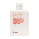 EVO Ritual Salvation Shampoo : bouteille élégante prête à traiter les cheveux abîmés.