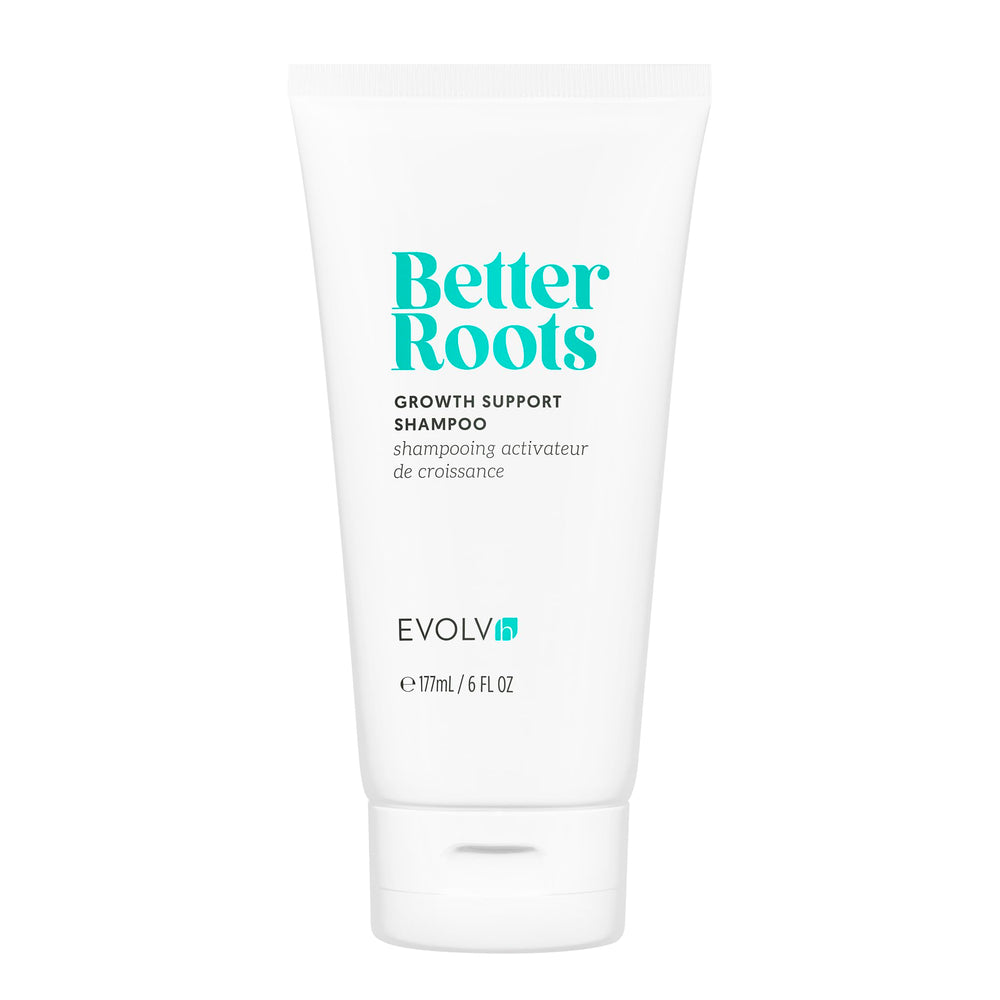 EVOLVh Better Roots Shampoing, bouteille visible, soutien potentiel à la fibre capillaire.