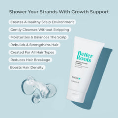 EVOLVh Better Roots Shampoing, étiquette d'ingrédients, formule végan et non toxique.