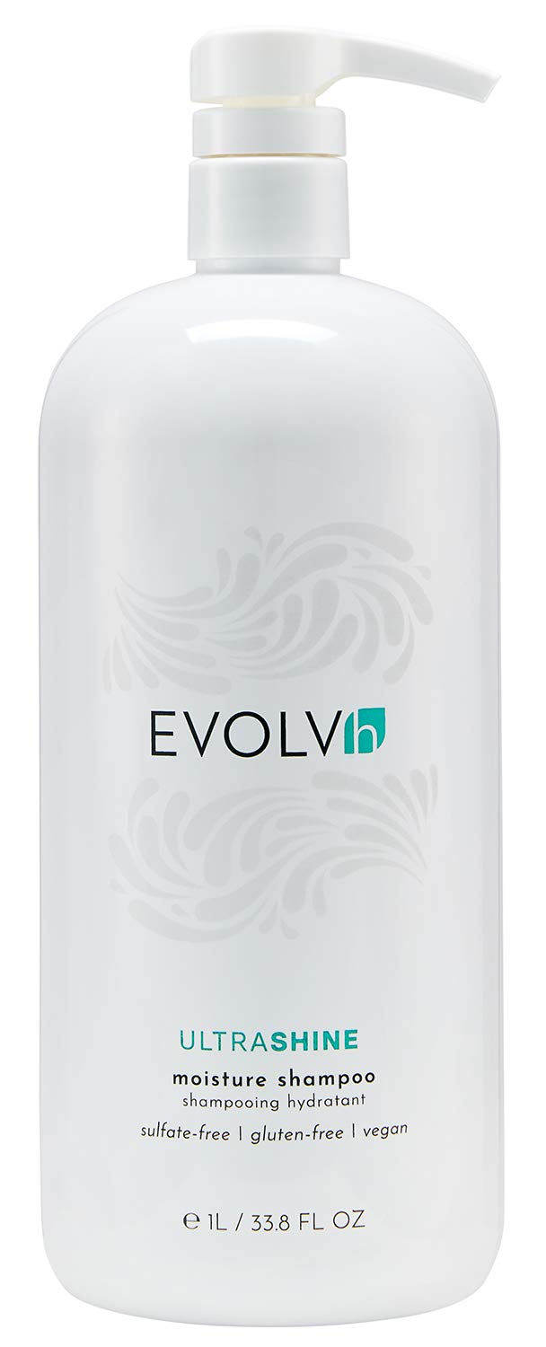 EVOLVh UltraShine shampooing : bouteille ouverte et texture lisse pour des cheveux brillants