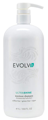 EVOLVh UltraShine shampooing : bouteille ouverte et texture lisse pour des cheveux brillants