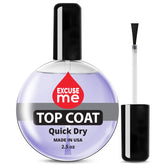 Excuse Me Quick Dry Top Coat bottle pour demonstrates fast-drying formula for a durable shine