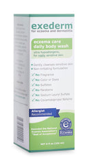 Exederm Body Wash bottle top view emphasizes gentle, hypoallergenic formula for sensitive skin.