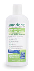 Exederm Body Wash lather demonstration showing soap-free cleansing on skin.