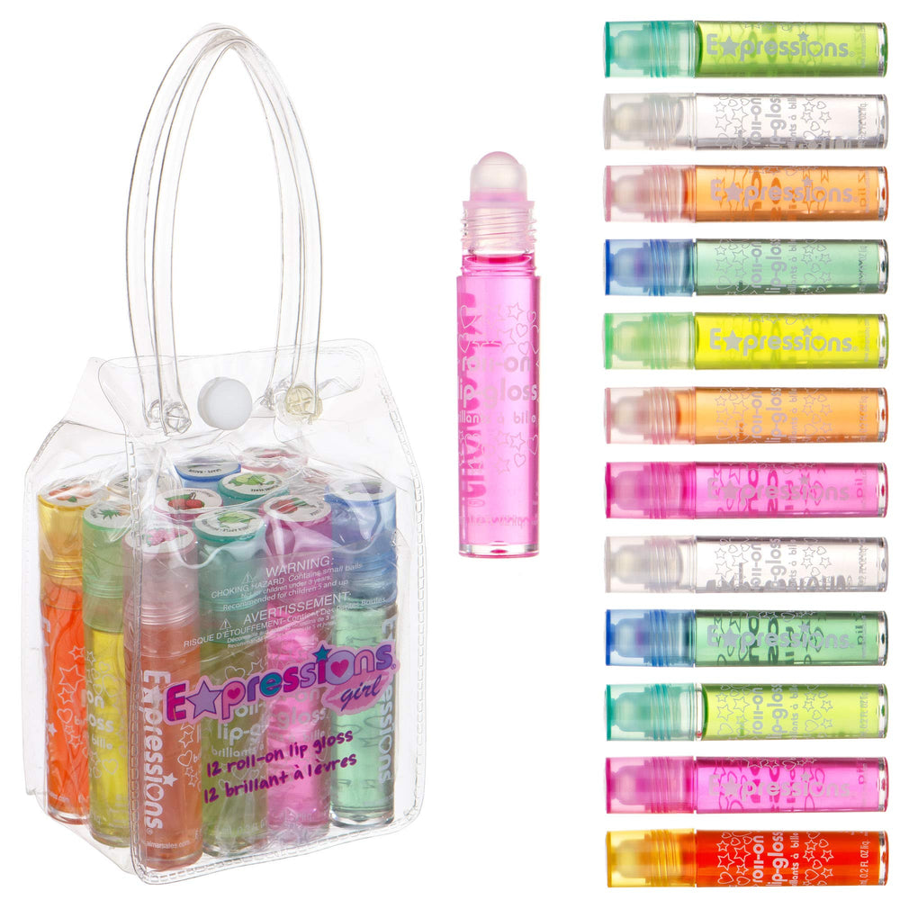 Expressions girl 12pc roll-on lip gloss set with case for safe kid play and storage