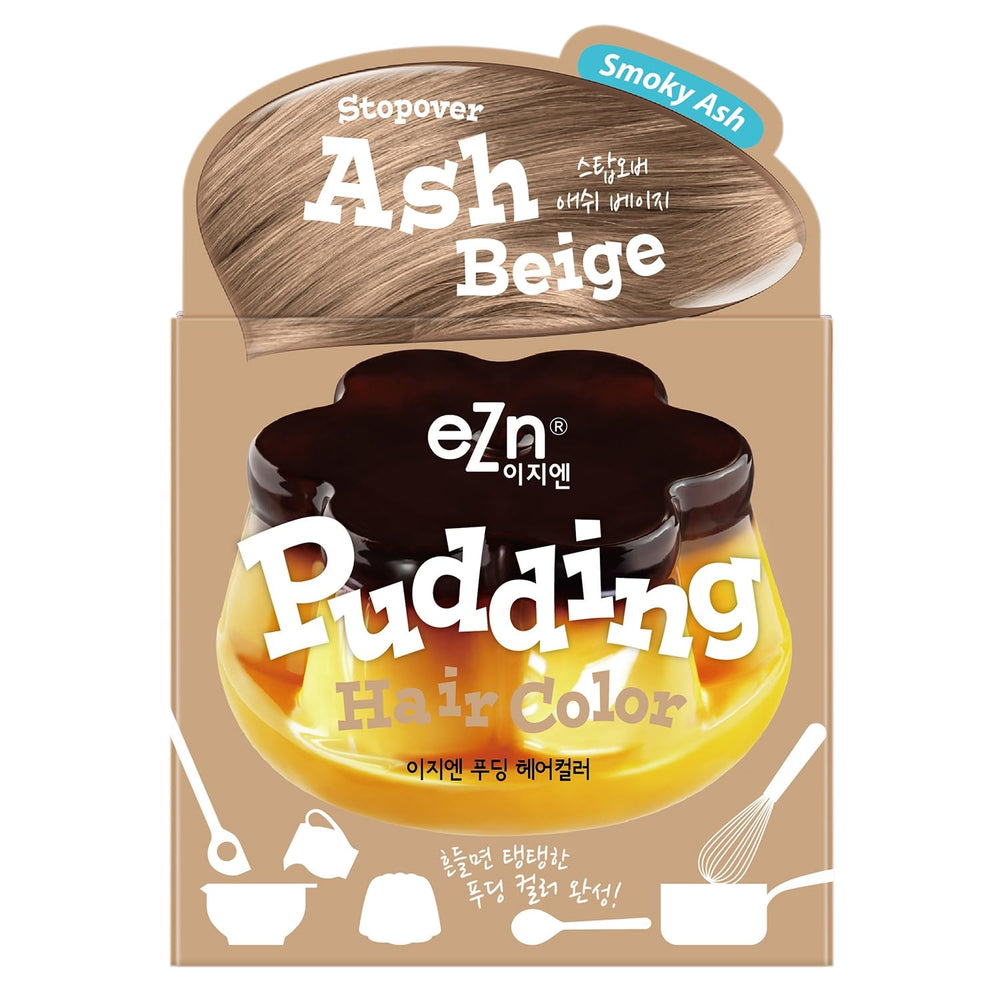 eZn Pudding teinture cheveux ash beige dans flacon, offre une couleur durable et douce.