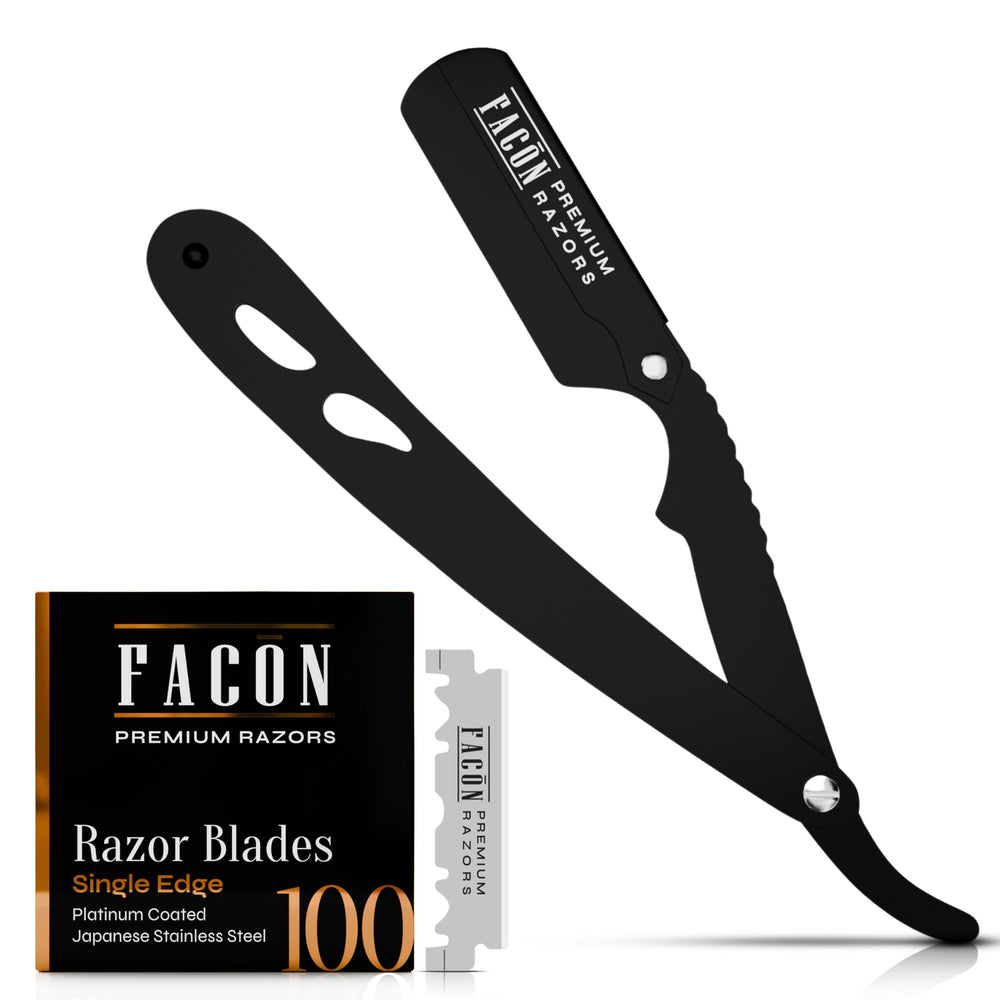 Facón rasoir droit pour homme avec poignée ergonomique et contrôle précis.