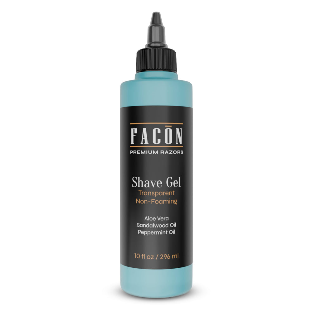 FACON transparent shaving gel with Aloe Vera for precise beard lines and visibility.