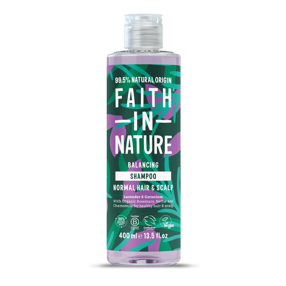 Shampoing Faith in Nature bouteille lavande-geranium, parfum apaisant et nettoyage en douceur.