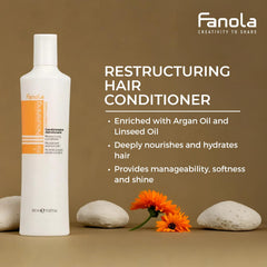 Fanola après-shampoing restructurant, texture crème nourrissante prête à démêler les nœuds.