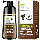 Farndu Brown Hair Dye Shampoo bottle highlighting 3-in-1 color and conditioning benefits.