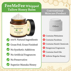FeeMeFee ingredients layout featuring beef tallow, honey, olive oil for nourishment