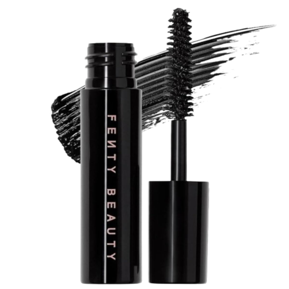 Fenty Beauty Hella Thicc mascara deluxe sample packaging close-up shows premium branding and travel-friendly design.