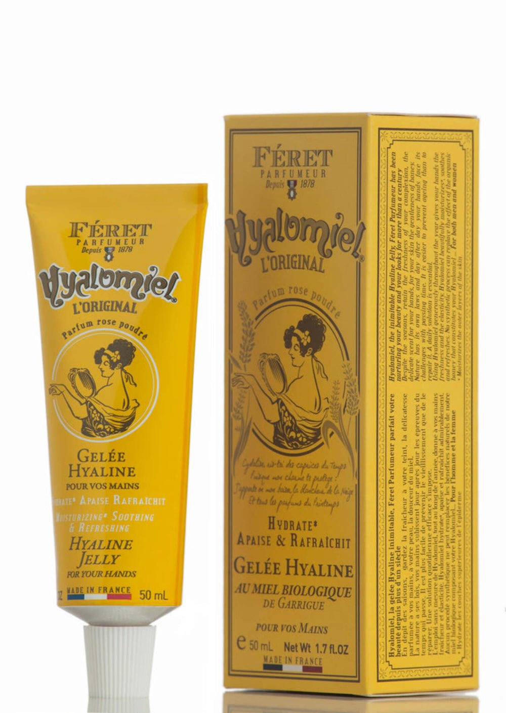 Feret Parfumeur Le Hyalomiel – Bouteille rose poudré, hydratation légère pour peau sèche.