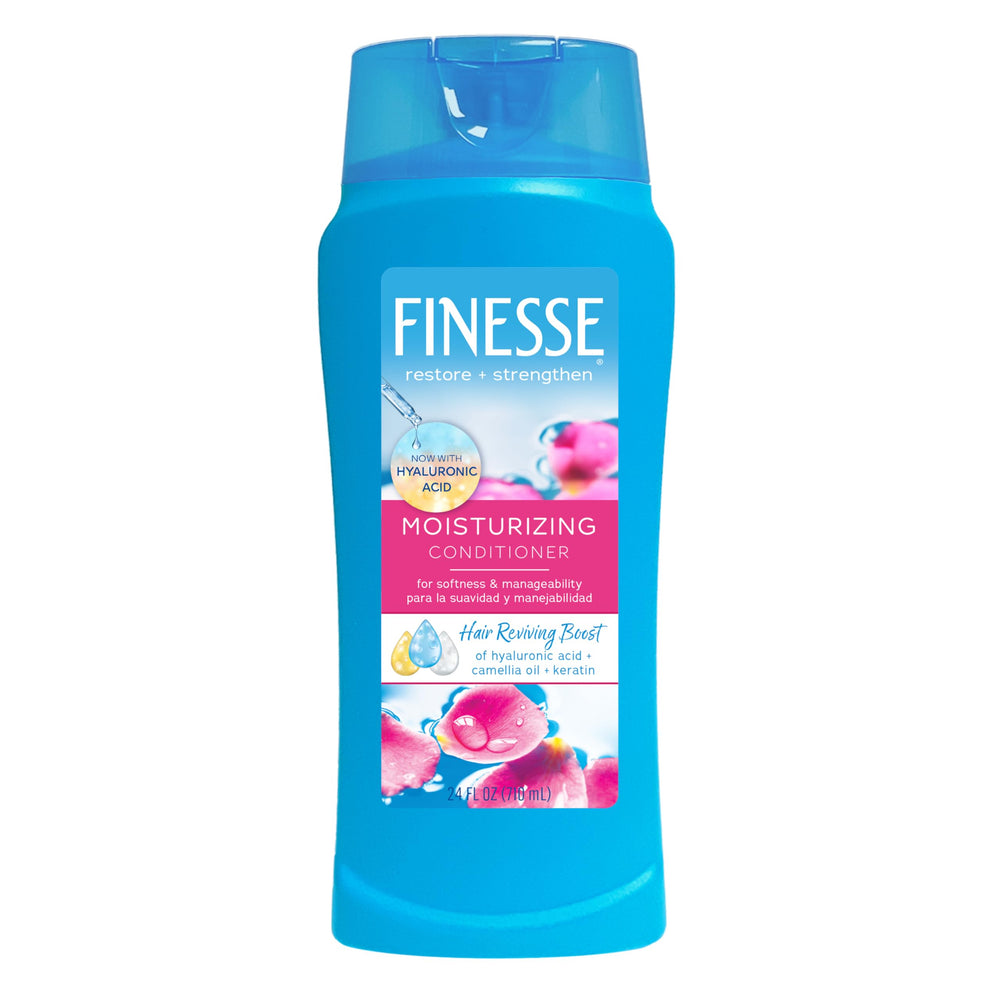FINESSE Restore + Strengthen, bouteille visible, hydratation nourrissante pour cheveux secs.