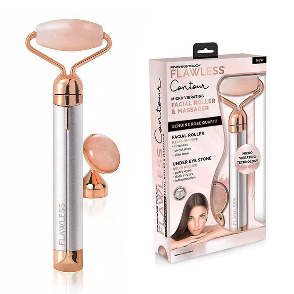 Rouleau visage Finishing Touch Flawless Contour en quartz rose, stimulation de la circulation et éclat.