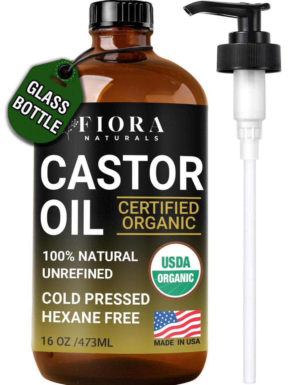Huile de ricin Fiora Naturals en bouteille verre avec pompe, nourrissante pour cheveux et peau.