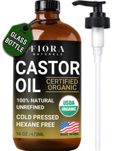 Huile de ricin Fiora Naturals en bouteille verre avec pompe, nourrissante pour cheveux et peau.