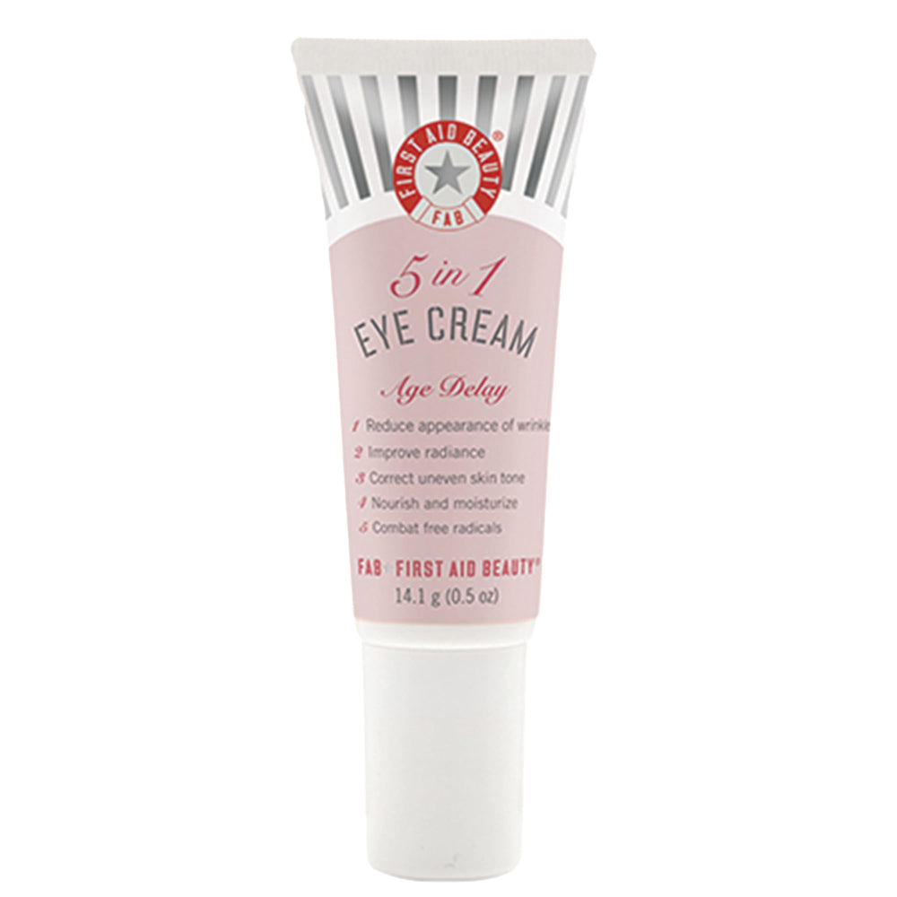 First Aid Beauty Crème Yeux 5-en-1, bouteille, révèle un regard plus frais et lumineux