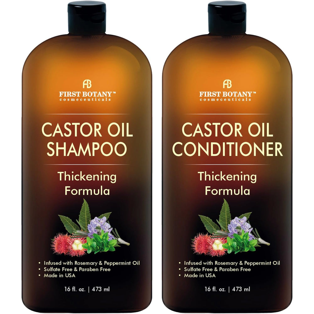 Shampoing First Botany au ricin dans une bouteille, cheveux plus forts et propres.