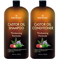 Shampoing First Botany au ricin dans une bouteille, cheveux plus forts et propres.