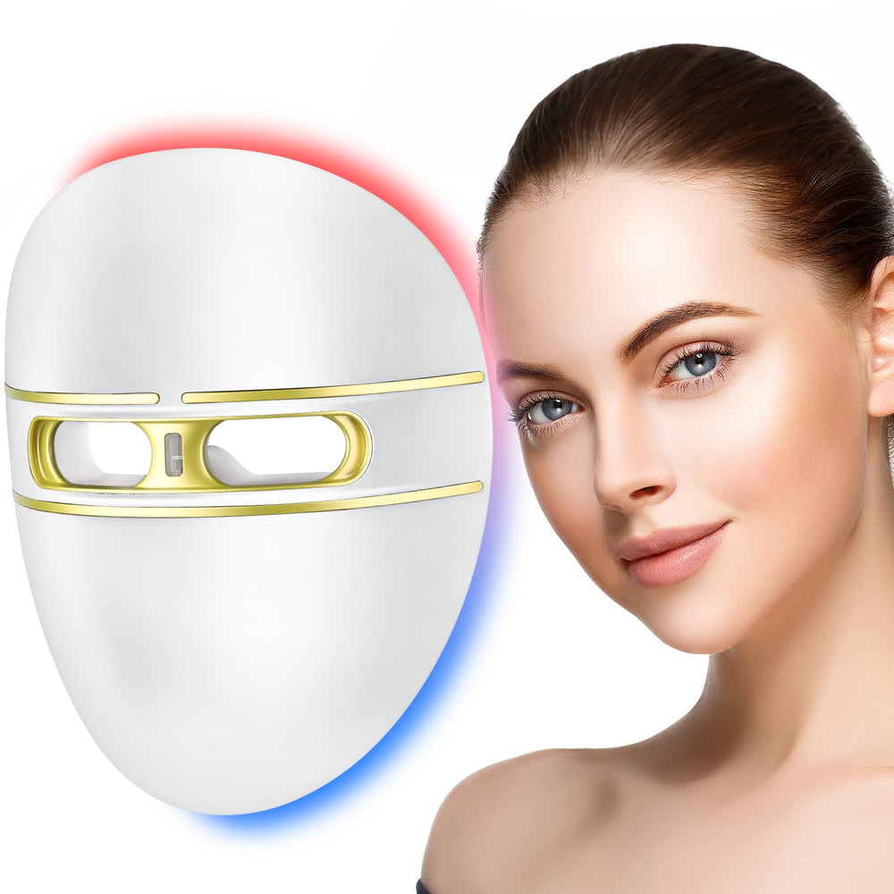 Masque LED F FIWENE, visuel rouge et bleu pour un soin du visage à domicile.